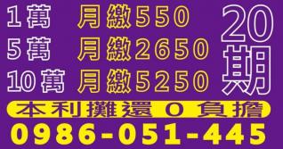 20期本利攤還借款試算，1萬月繳550、5萬月繳2650、10萬月繳5250