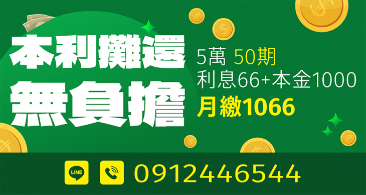 本利攤還無負擔5萬50期月繳1066元方案
