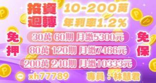 投資週轉 10-200萬 年利率1.2% 免押免保