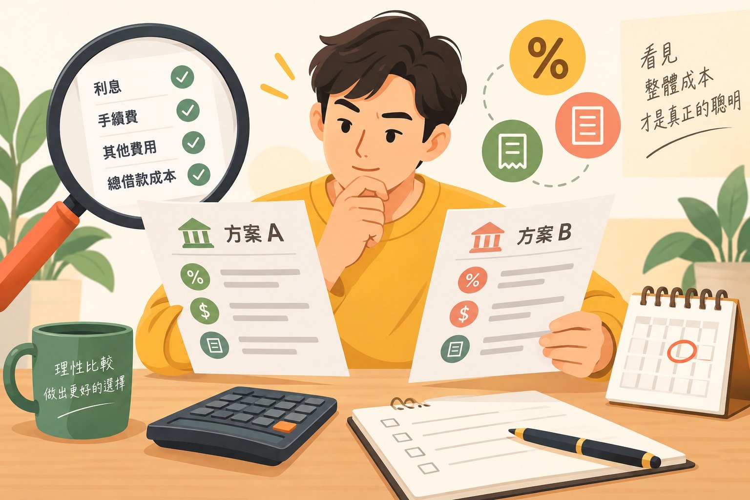 借款前比較利息、手續費與總費用的檢查示意圖