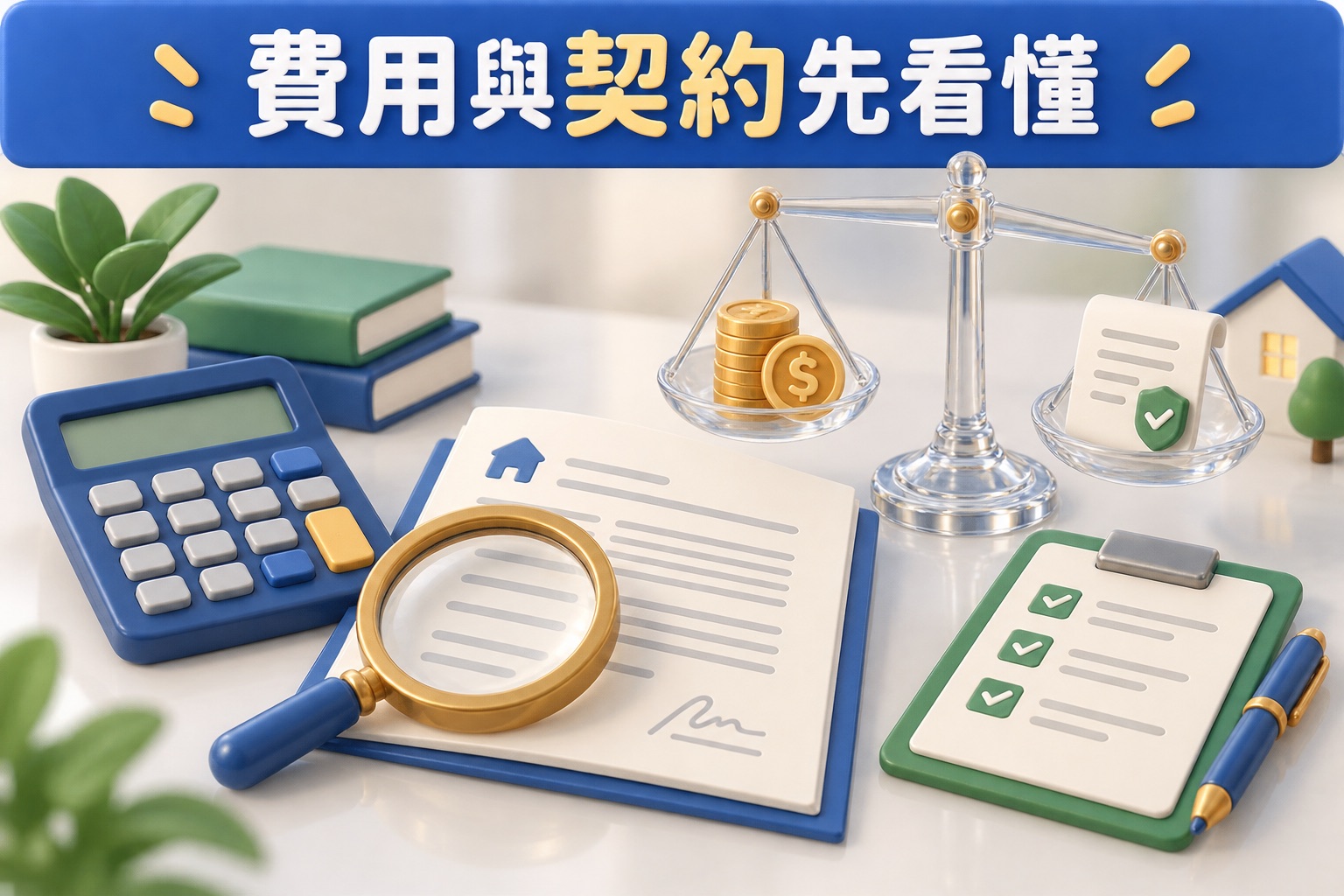 等角 3D 圖像呈現費用與契約先看懂，包含契約、計算機、放大鏡、清單與天秤