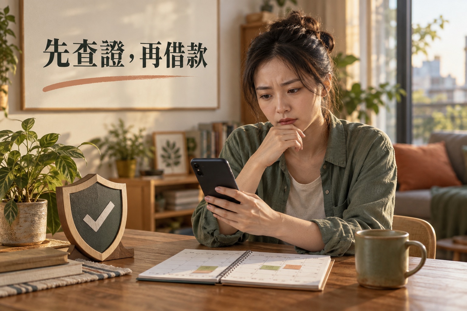 生活感照片呈現先查證再借款，民眾檢視手機訊息與還款月曆，旁有防護盾牌