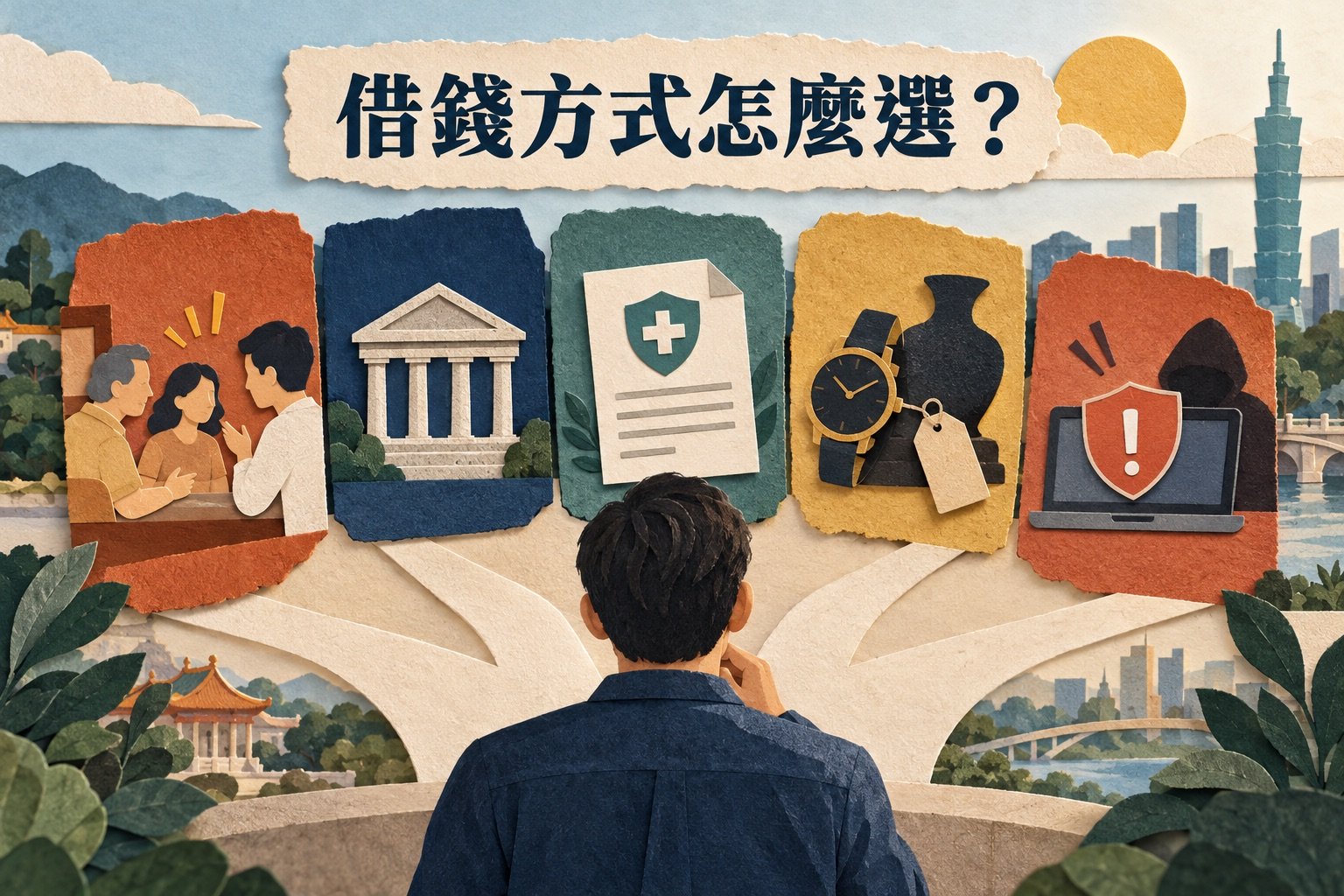 紙雕風格的借錢方式怎麼選主題圖，呈現親友、銀行、保單、當舖與網路風險的比較