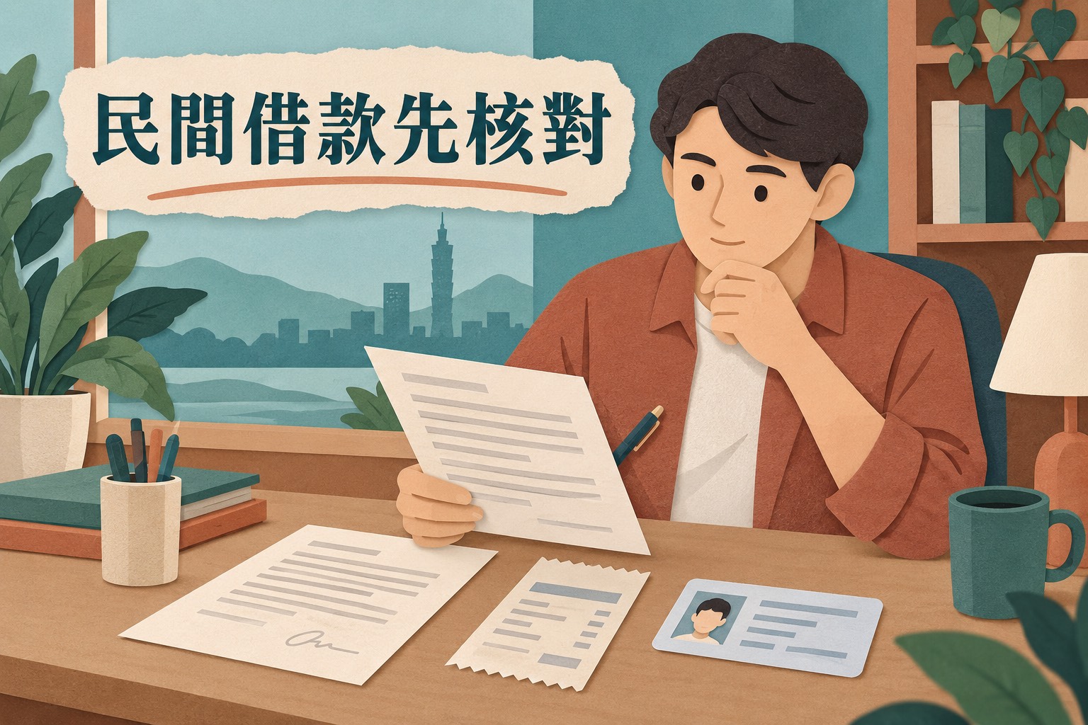 民眾在桌前檢查民間借款契約、付款紀錄與核對清單的紙雕風格插畫
