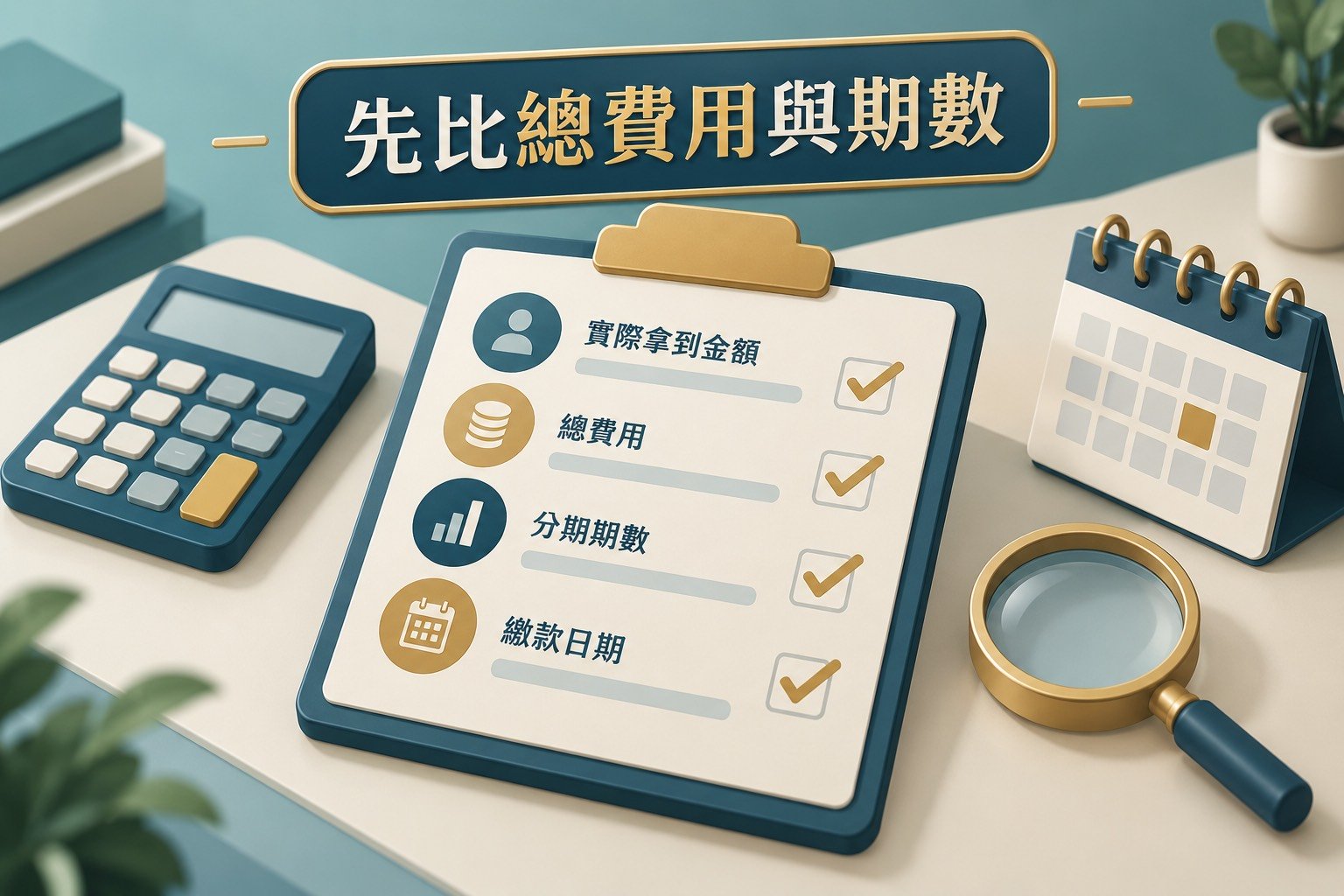 以放大鏡和檢核表比較小額借款總費用與還款日期的等角三維插畫