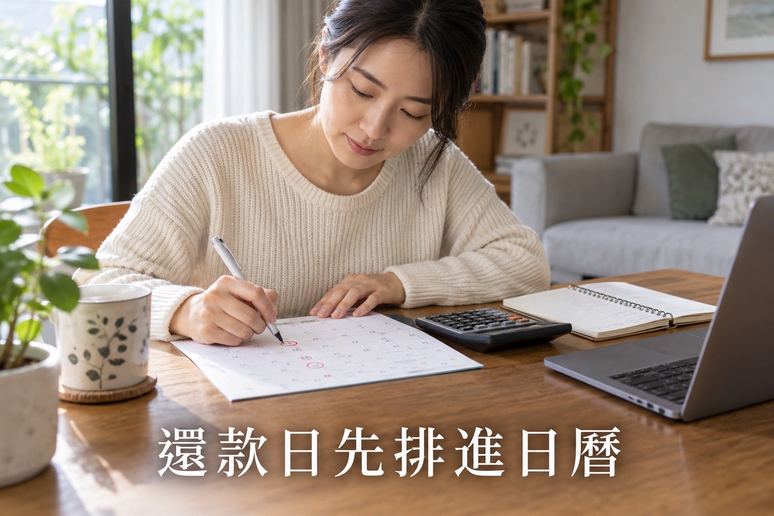 民眾在日曆上標記繳款日並檢視還款清單的生活感照片