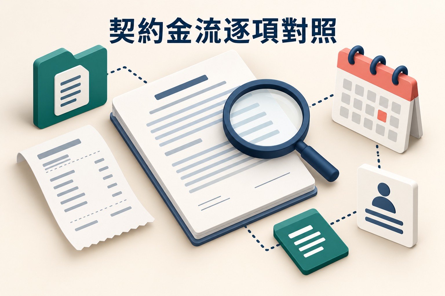以放大鏡、借款契約、收據與行事曆逐項核對民間借款金流的等角三維資訊圖