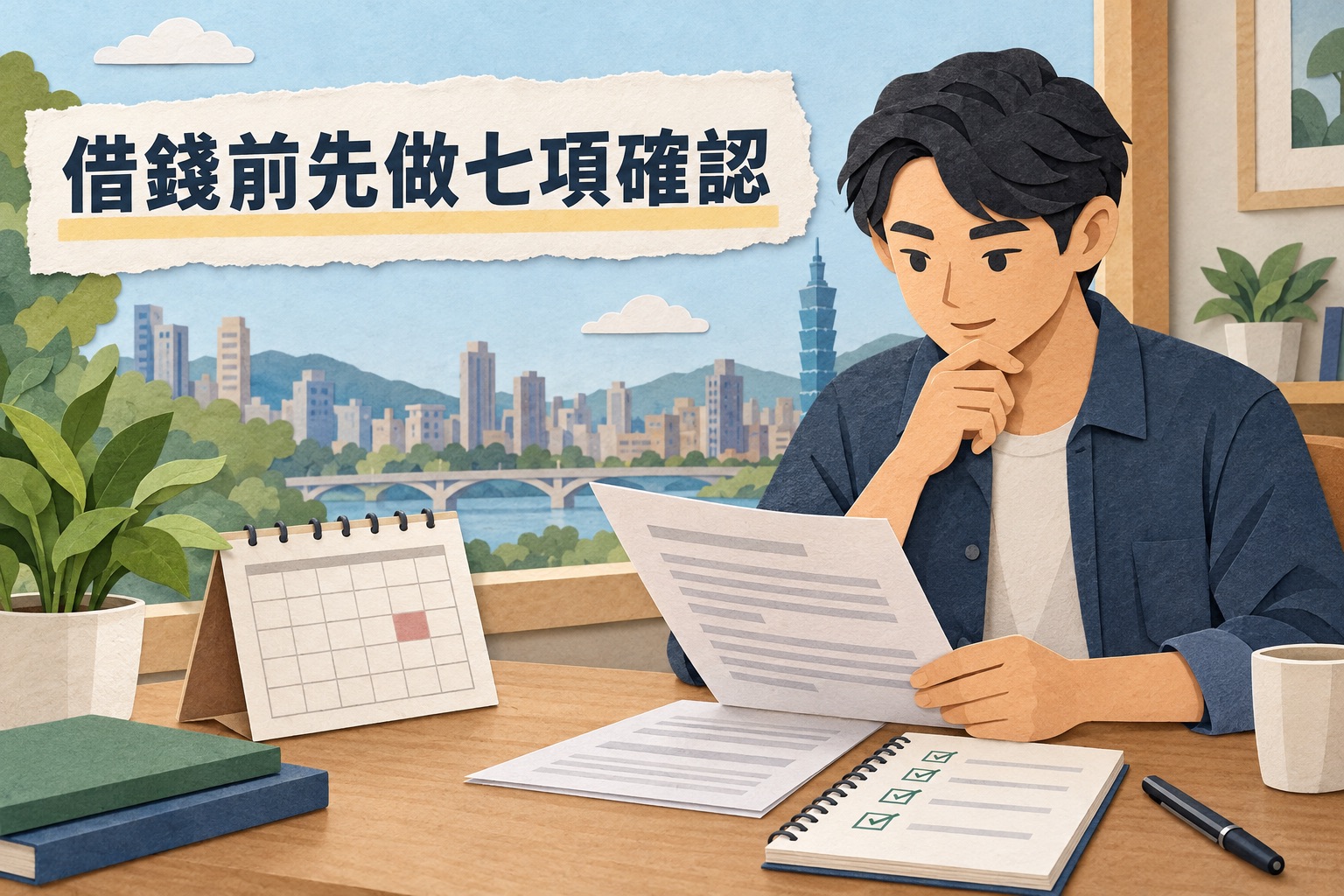 民眾在書桌前檢視借款契約、行事曆與檢核表，提醒借錢前先做七項確認