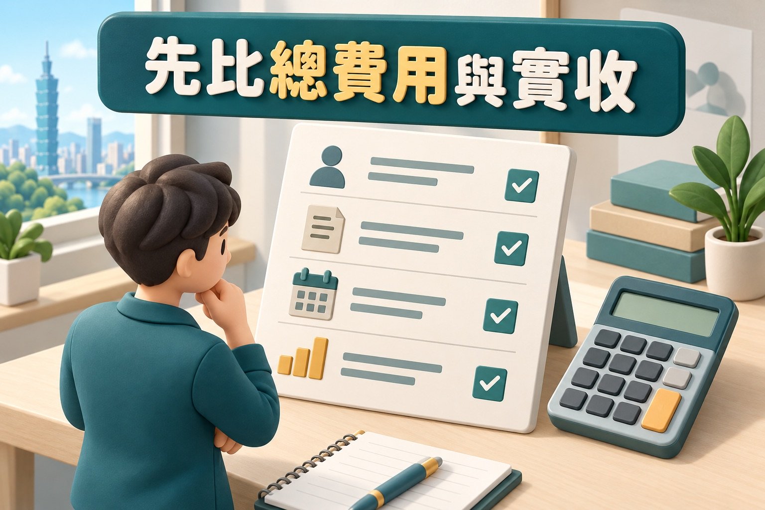 以檢核表與計算機比較借款實收金額、費用與還款日期的等角三維插圖