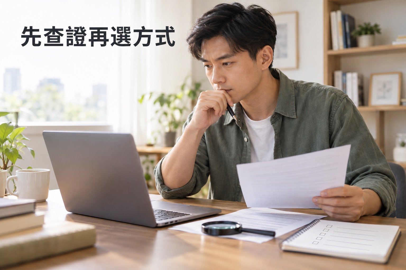 借款人坐在筆電前查看契約與檢核表，提醒先查證再選借錢方式