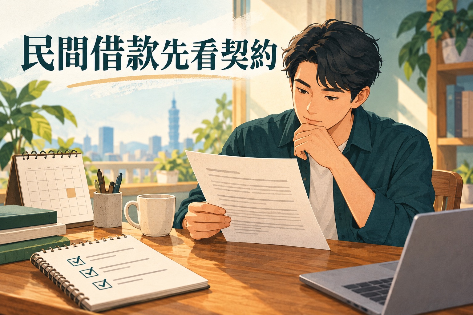 民眾在書桌前閱讀民間借款契約、行事曆與檢核表，準備逐條確認內容