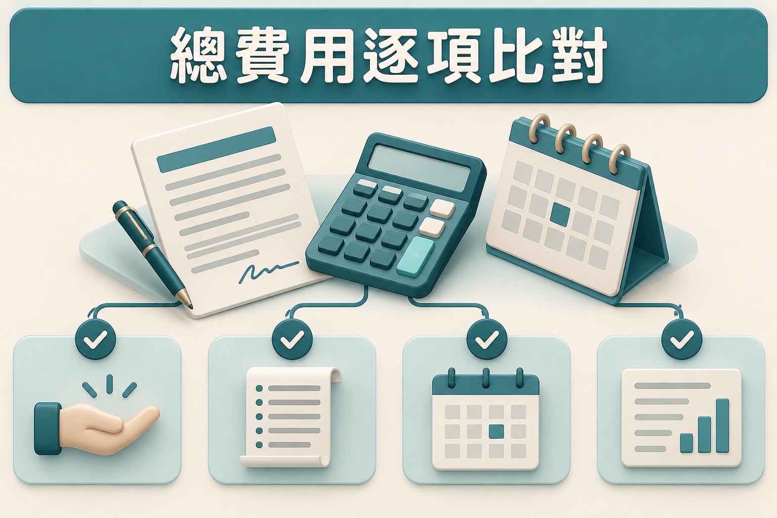 以契約、計算機、行事曆與四項勾選項目呈現民間借款總費用比較的三維資訊圖