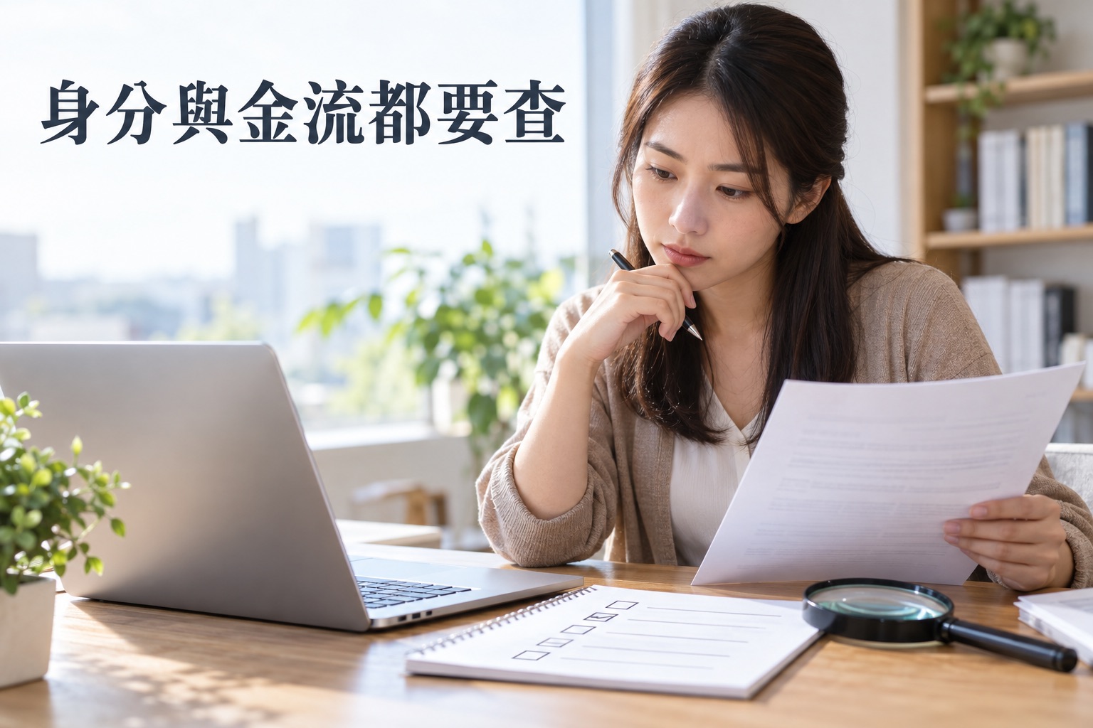 女子在筆電與放大鏡旁閱讀文件與檢核表，提醒民間借款前確認身分和金流