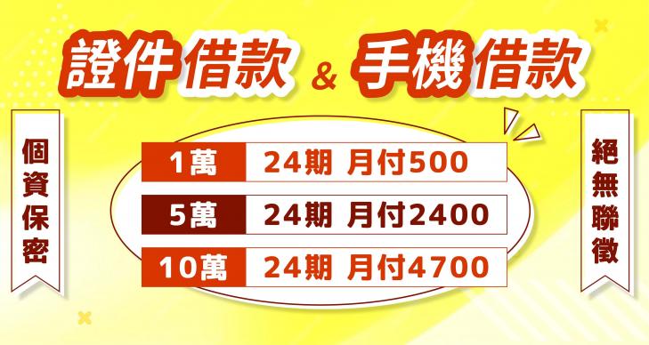 手機與證件借款廣告，借1萬分12期月付875元速辦