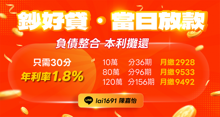 鈔好貸小額借款，年利率1.8%當日放款服務