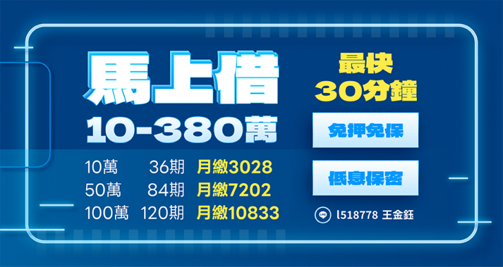 馬上借10萬至380萬大額信用貸款廣告，主打最快30分鐘撥款、免押免保、低息保密與分期月繳試算