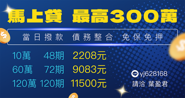 馬上貸最高300萬信用貸款廣告，主打當日撥款、免保免押、低月付債務整合與分期試算表