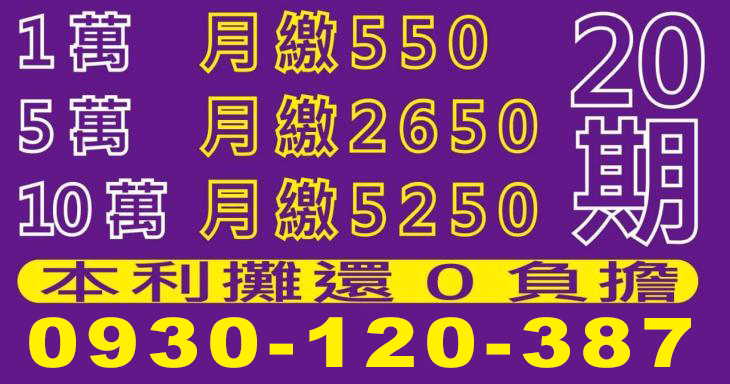 20期本利攤還借款試算，1萬月繳550、5萬月繳2650、10萬月繳5250