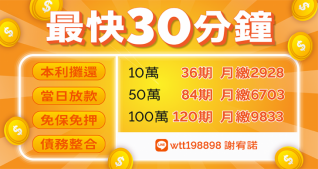 最快30分鐘貸款方案：本利攤還、當日放款、免保免押、債務整合；10萬36期月繳2,928元、50萬8